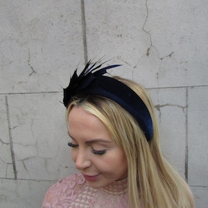 Navy Blue Feather Velvet Padded Headband Fascinator Headpiece Hat Wedding Guest Races Hairband Hair Band Halo Midnight Blue Cheltenham u1p image 3