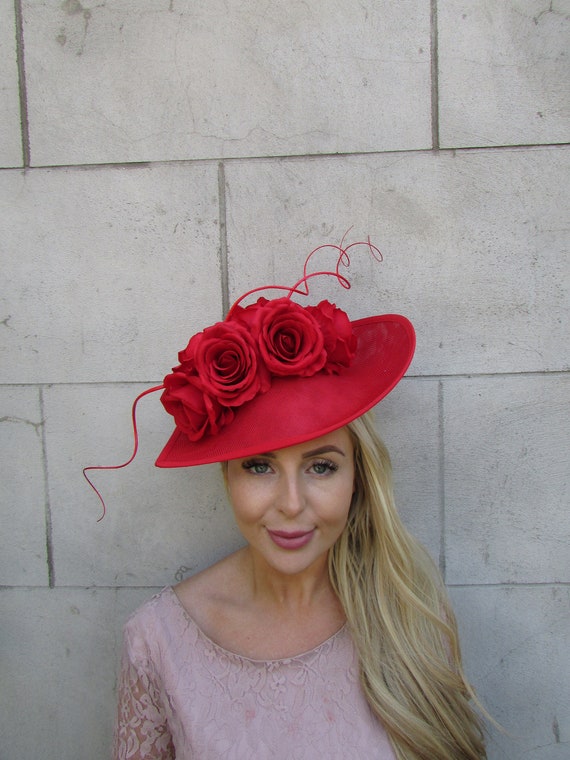 New Large Red Rose Flower Feather Teardrop Fascinator Hat 