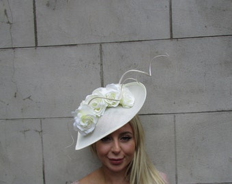 Large Cream Rose Flower Feather Hat Fascinator Big Teardrop Tilted Headband sh-376