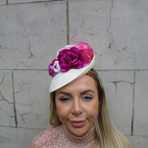 Cream Fuchsia Hot Pink Magenta Flower Fascinator Feather Hat Disc Floral Races Wedding Hatinator sh-294 image 1