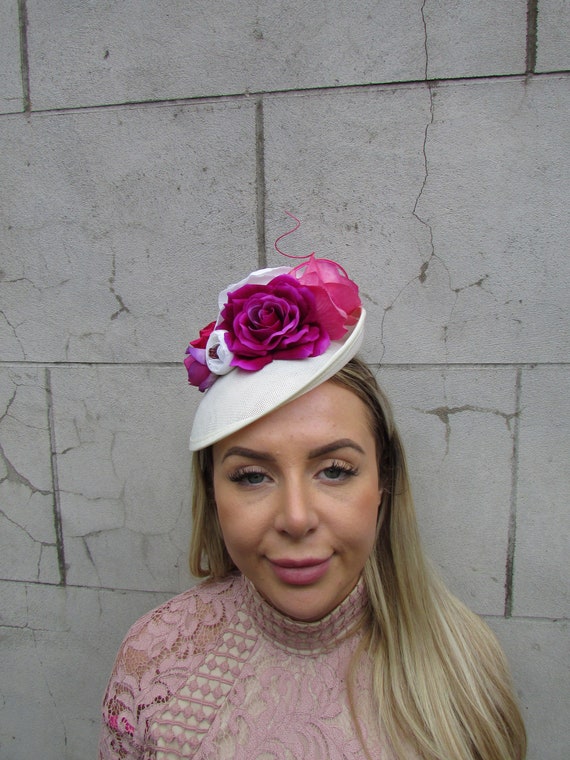 Cream Fuchsia Hot Pink Magenta Flower Fascinator Feather Hat  display picture 3