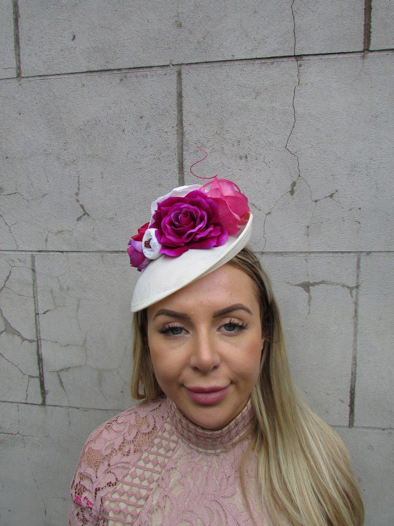 Cream Fuchsia Hot Pink Magenta Flower Fascinator Feather Hat Disc Floral Races Wedding Hatinator sh-294 image 1