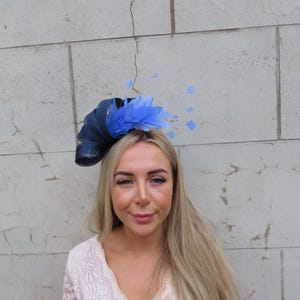 Navy Blue & Cornflower Feather Sinamay Fascinator Wedding Guest Headband Headpiece Races One off Piece - u10707