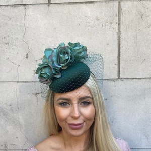 Dark Green Birdcage Veil Fascinator Pillbox Hat Bottle Green Dark Emerald Headband Flower Floral 0995x uu