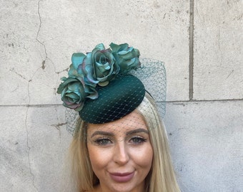 Pillbox Hat With Veil Dark Green Cocktail Hat and Fascinator  display picture 3