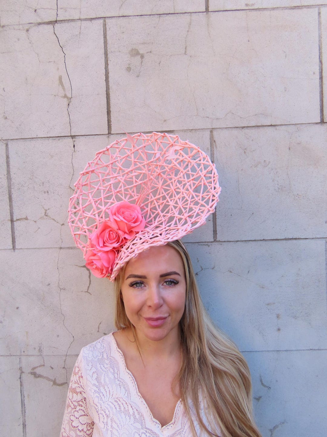 Large Blush Coral Pink Flower Feather Straw Hat Fascinator Races Big ...