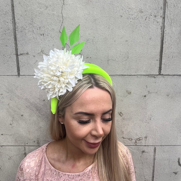 Lime Green & Ivory Flower Feather Padded Headband Fascinator Headpiece Wedding Hairband Races Hairband Halo u10107