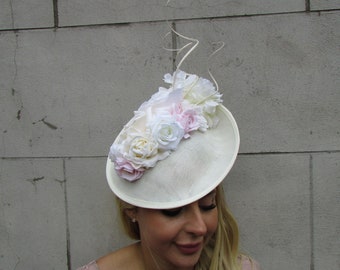 Fun Floral Fascinator Headband Headpiece with Pink and Cream Accents kentucky derby hat fascinator crystal silver headband, ivory  main image 4