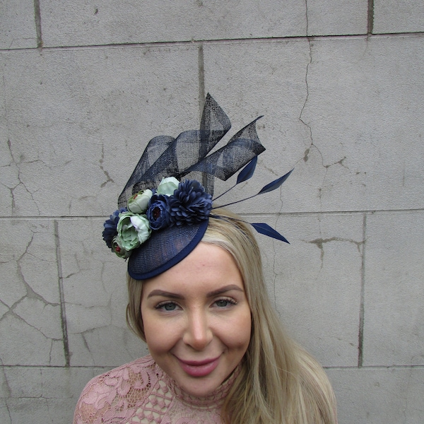 Navy Blue Mint Green Sage Flower Fascinator Floral Pillbox Hat Sinamay Wedding Races Hair Fascinator Headpiece Hatinator Womens u12603