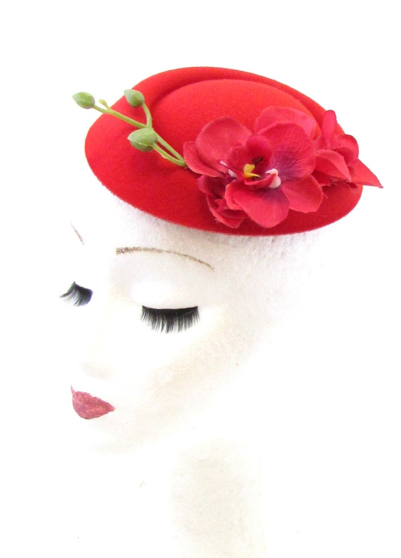 Red Orchid Flower Pillbox Hat Fascinator Races Rockabilly 1950s Vtg Hair 40s 818