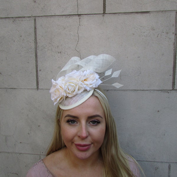 Cream Sinamay Rose Flower Feather Hat Fascinator Races Wedding Floral Headpiece Hair Band Ivory 0991