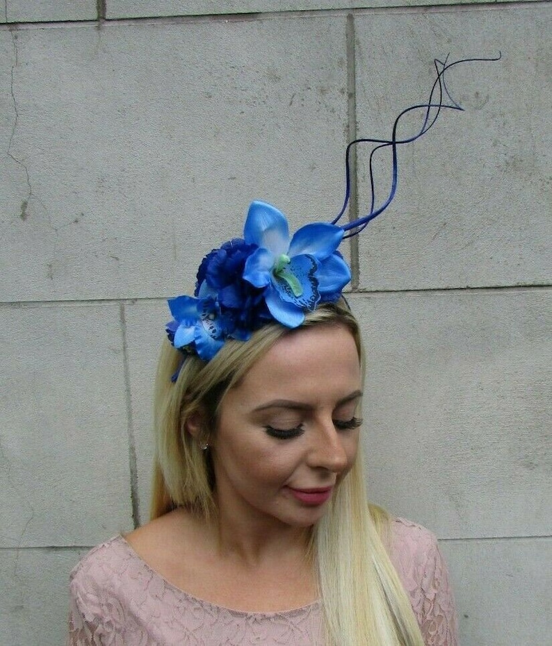 Royal Blue Electric Blue Orchid Flower Feather Fascinator Headband Hairband 0528