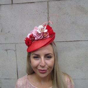 Red Light Blush Pink Dusky Pink Feather Rose Flower Disc Hat Fascinator Sinamay Wedding Races Headband Headpiece Floral SH-89