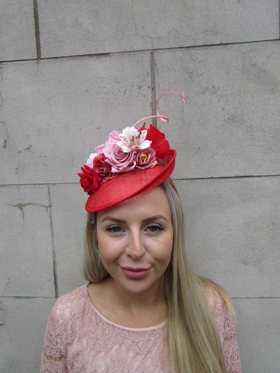 Pink & Red Floral Fascinator Headband Pink Burgundy Red Magenta Rose Flower Floral Statement  main image 2