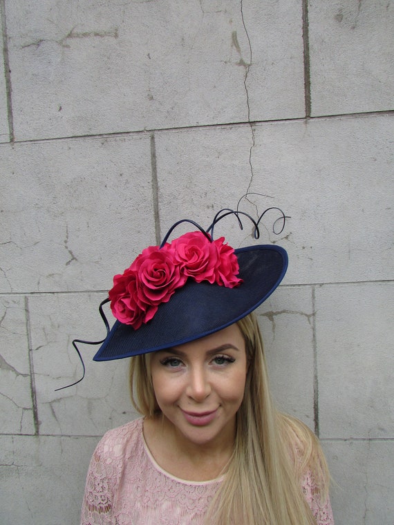 Large Navy Blue Hot Cerise Pink Rose Flower Fascinator Hat  display picture 2