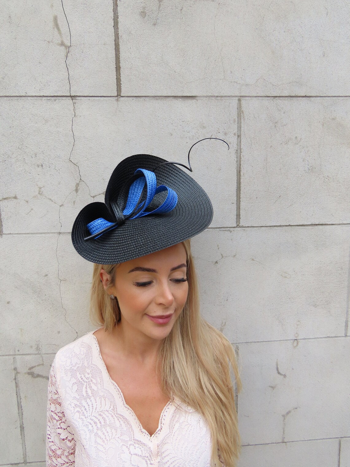 One off Piece Large Electric Blue & Black Straw Style Hat Fascinator ...