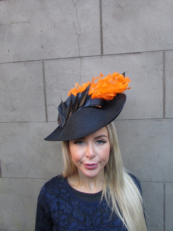 Black Hat with Orange Accents and Feather Tricorn Hat 22 main image 3
