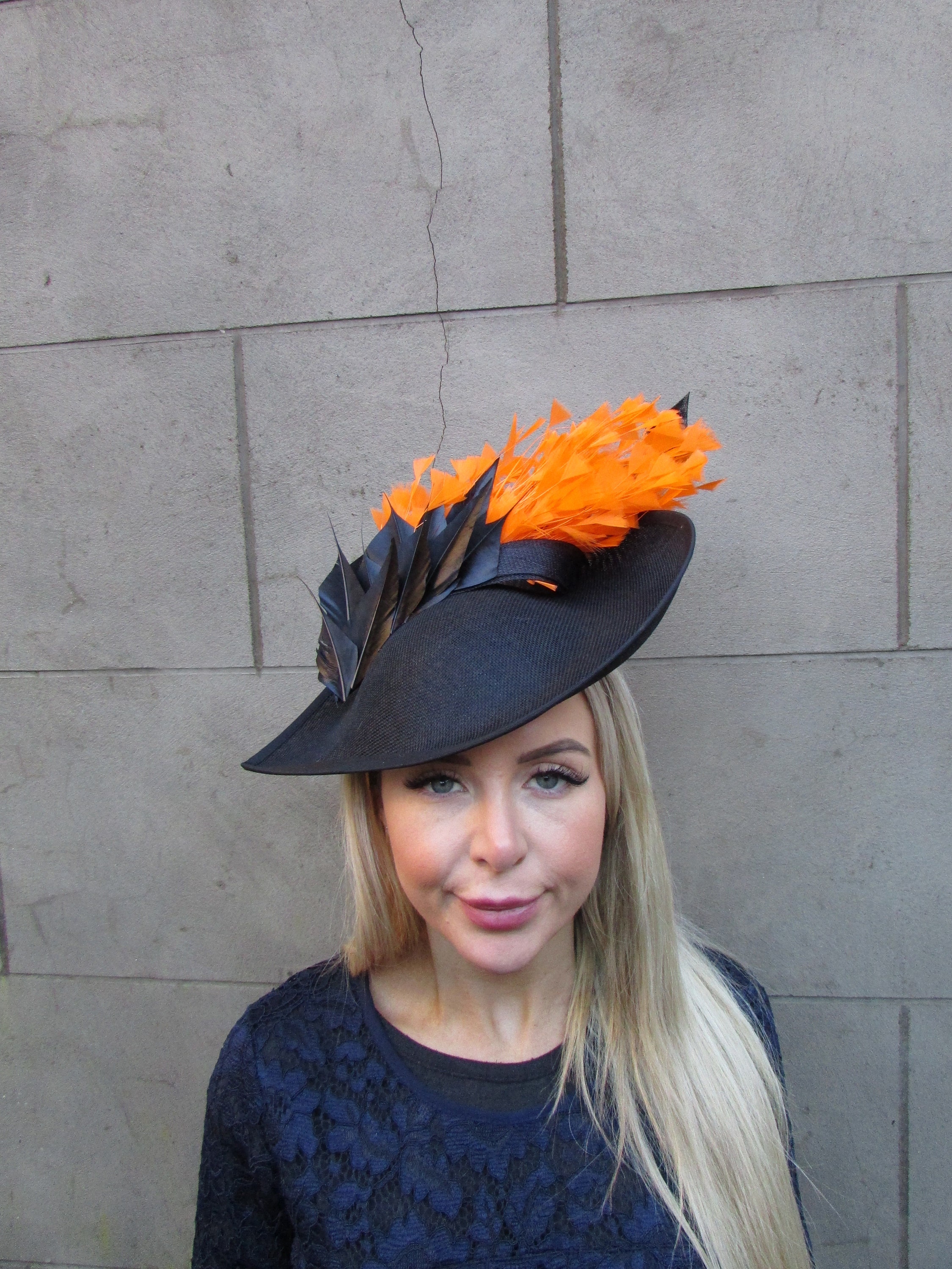 Large Black & Orange Feather Fascinator Hat Teardrop Wedding 