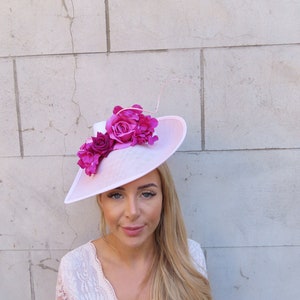 Large Light Blush Pink Magenta Hot Pink Fuchsia Rose Feather Flower Teardrop Fascinator Hat Races Wedding Headband u10505