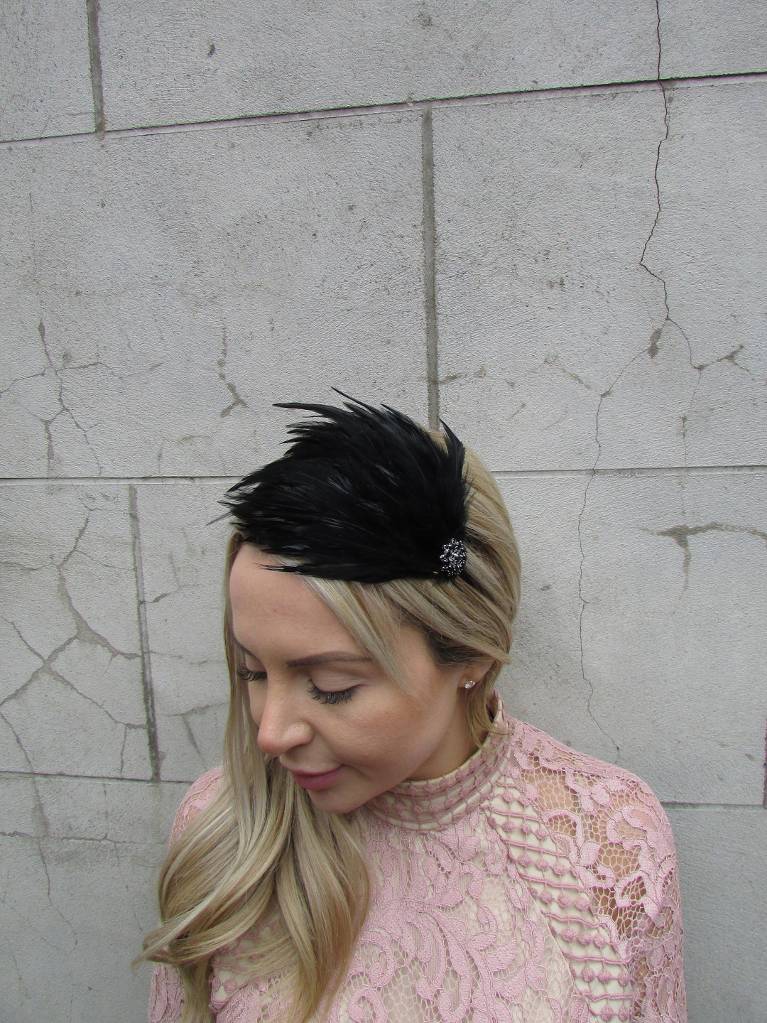 New Black Feather Headband Fascinator With Black Diamantes Races