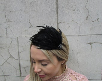 New Black Feather Headband Fascinator with Black Diamantes Races Wedding Guest Headpiece Hairband Alice Band u12603