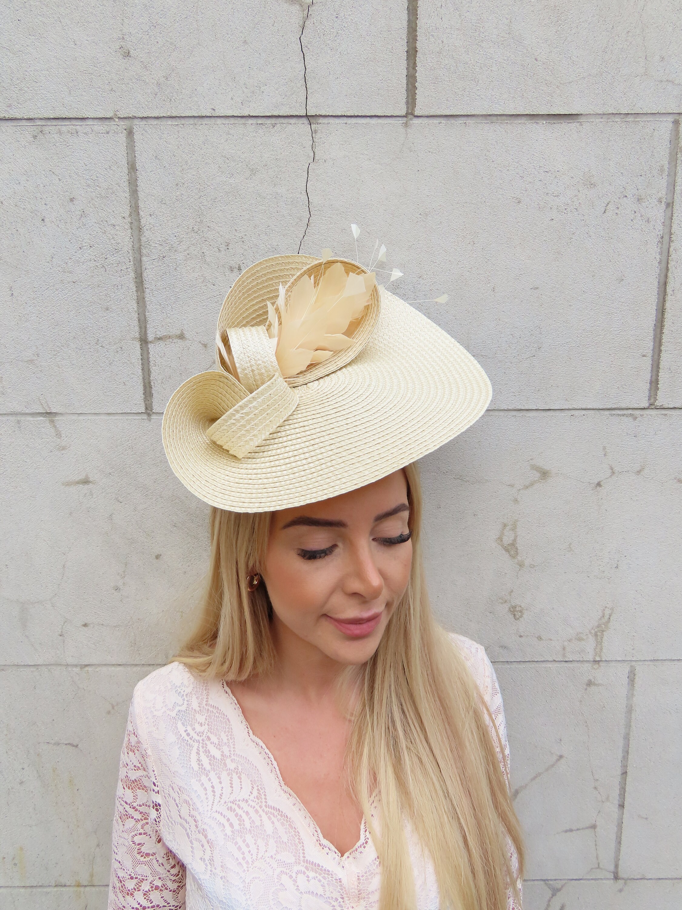 One off Piece Large Champagne Beige Feather Straw Style Hat 