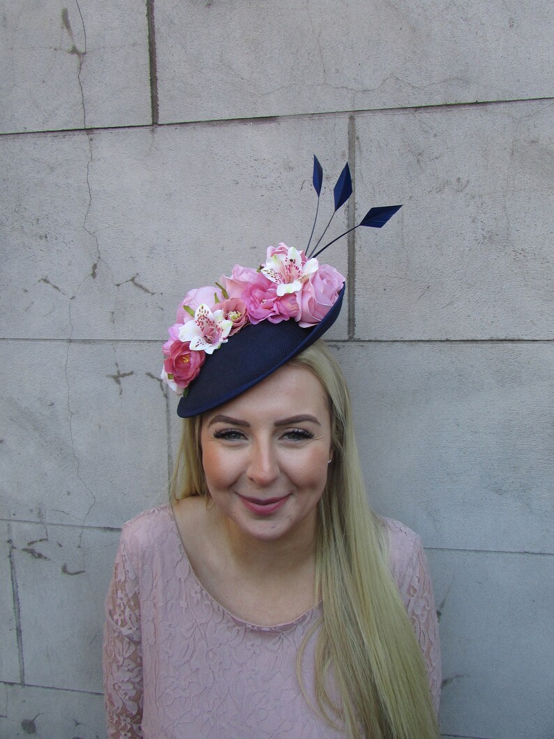 Navy Blue Blush Pink Dusky Pink Flower Fascinator Feather Hat Disc ...