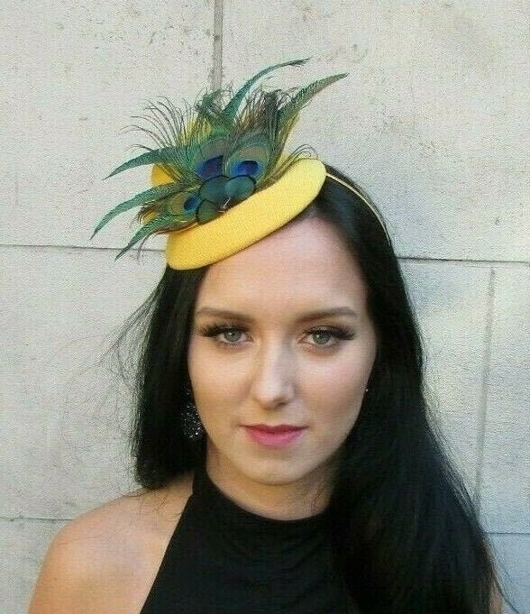 Starcrossedbeauty Mustard Yellow Green Peacock Feather Hat Fascinator Races Wedding Headpiece 7668