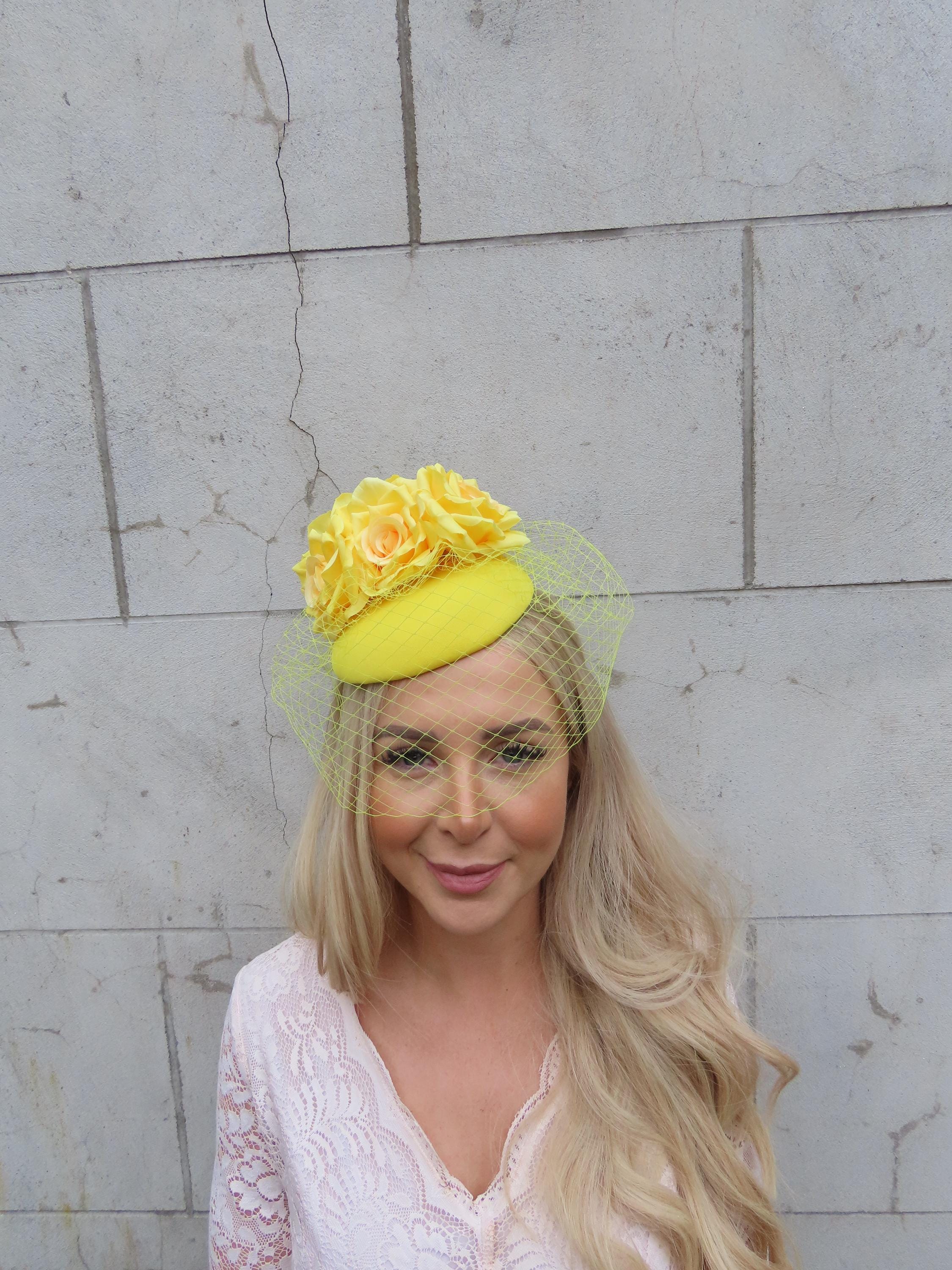 Yellow Rose Birdcage Veil Flower Pillbox Hat Fascinator Races