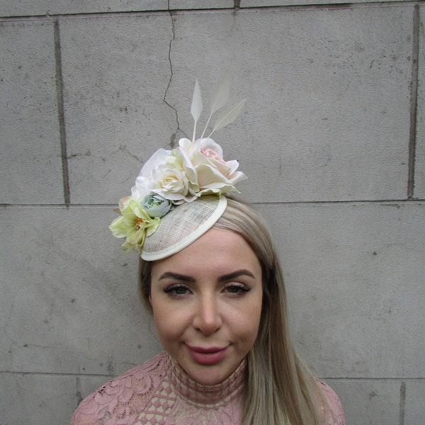 Cream Mint Sage Green Flower Fascinator Floral Pillbox Hat Sinamay Wedding Races Hair Fascinator Headpiece Ivory Ladies Day or-18