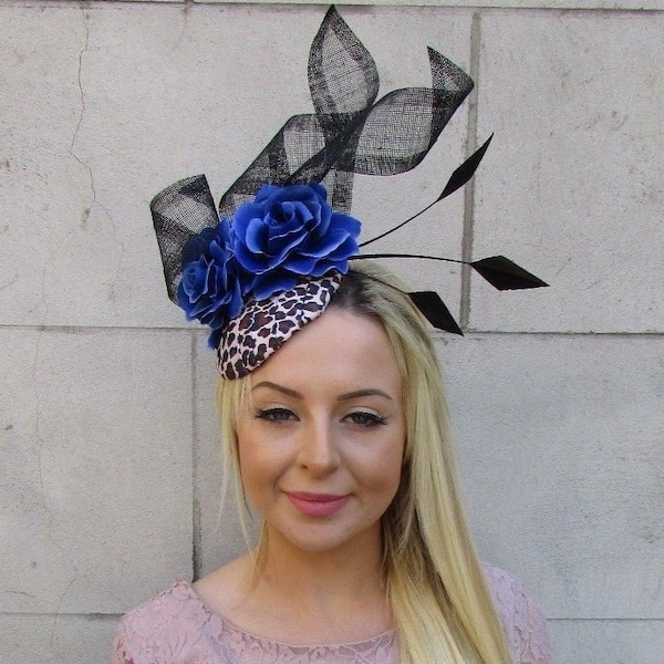 Leopard Print Black Royal Blue Flower Feather Hat Fascinator Rockabilly 50s u1z76