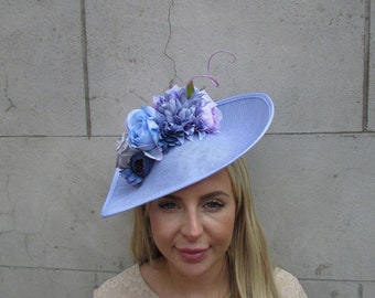 Large Light Cornflower Blue Lilac Periwinkle Bluebell Blue Grey Rose Floral Flower Fascinator Hat Big Teardrop Wedding Races u1z7