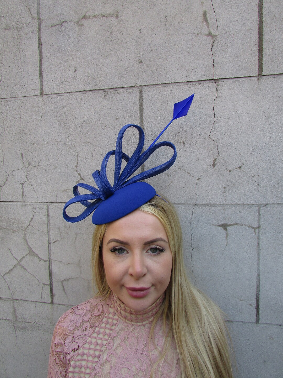 One off Piece Royal Blue Pillbox Hat Hair Fascinator Feather Cobalt