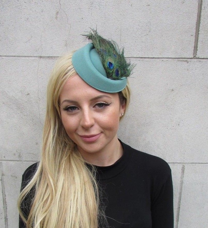 Sage Willow Green Peacock Feather Pillbox Hat Hair Clip Fascinator Races 6348