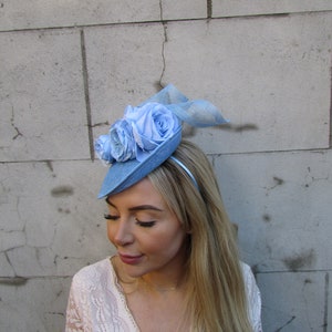 Light Blue Flower Floral Hair Fascinator Disc Hat Wedding Races Saucer Headpiece Headband Hatinator Baby Blue u10311 image 3