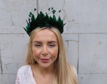 Bottle Green Feather Crown Fascinator Races Wedding Guest Headpiece Hairband Headband Modern Ladies Day Thin Headband u12403