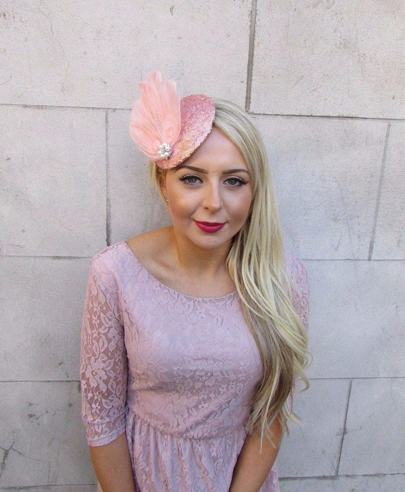 Rose Gold Blush Pink Cream Sequin Feather Fascinator Pillbox Hat Races Clip 4216
