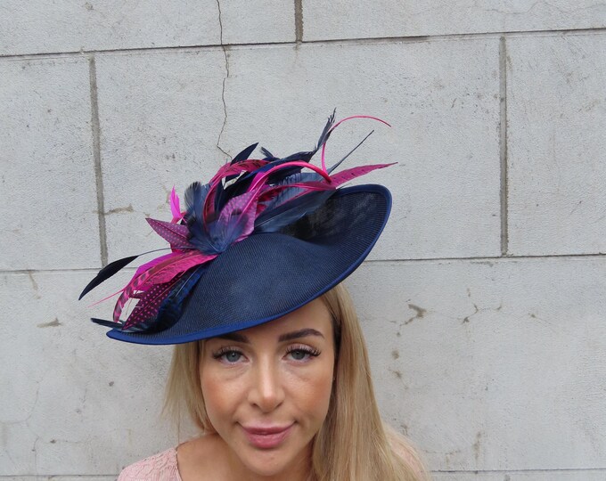 Large Navy Blue Hot Pink Pheasant Feather Fascinator Hat Big Teardrop ...