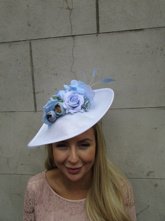Large White Light Blue Flower Fascinator Hat Big Teardrop Tilted