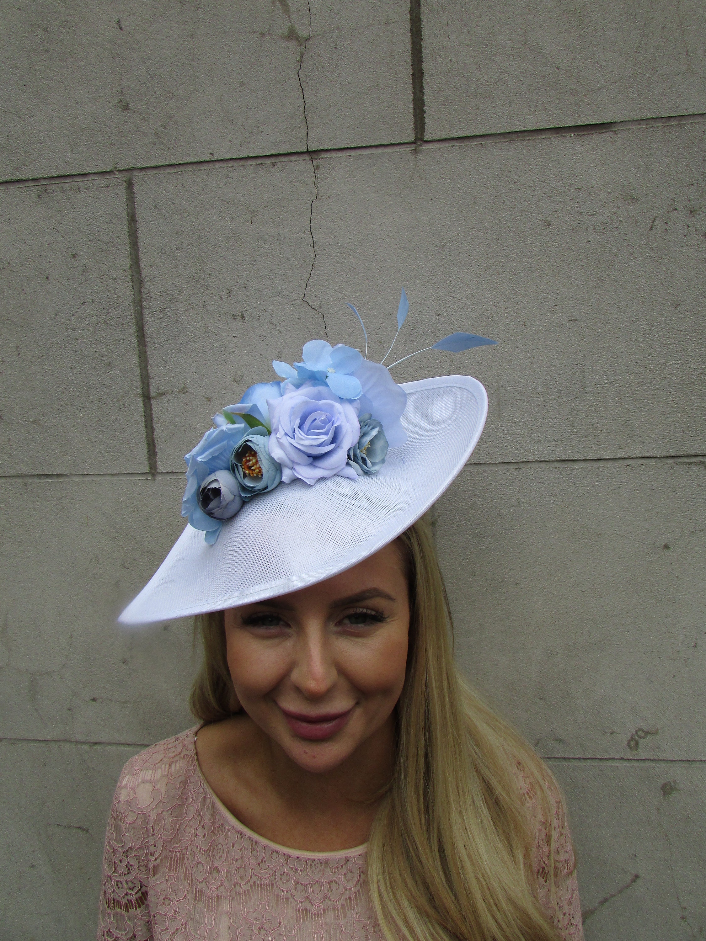 Large White Light Blue Flower Fascinator Hat Big Teardrop