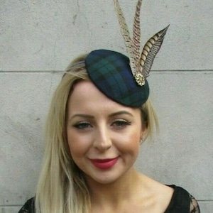 Navy Blue Green Tartan Brown Pheasant Feather Hat Hair Fascinator Races Starcrossed Boutique Blackwatch Black Watch Plaid Wedding sh-291