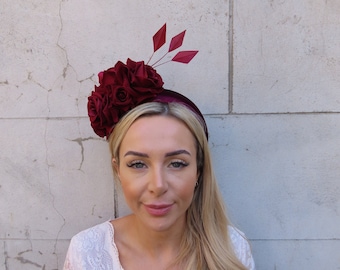 Burgundy Floral & Feather Velvet Headband Fascinator Headpiece Wedding Races Padded Hairband Halo Wine Red Rose Flower Statement u10505
