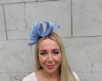 Light Cornflower Blue Periwinkle Fascinator Headband Feather Headpiece Races Wedding Guest Sinamay Ladies Day One off Piece - u12207
