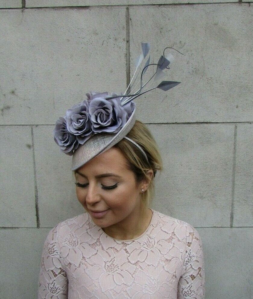 Grey Rose Flower Feather Disc Saucer Hat Fascinator Races  display picture 2