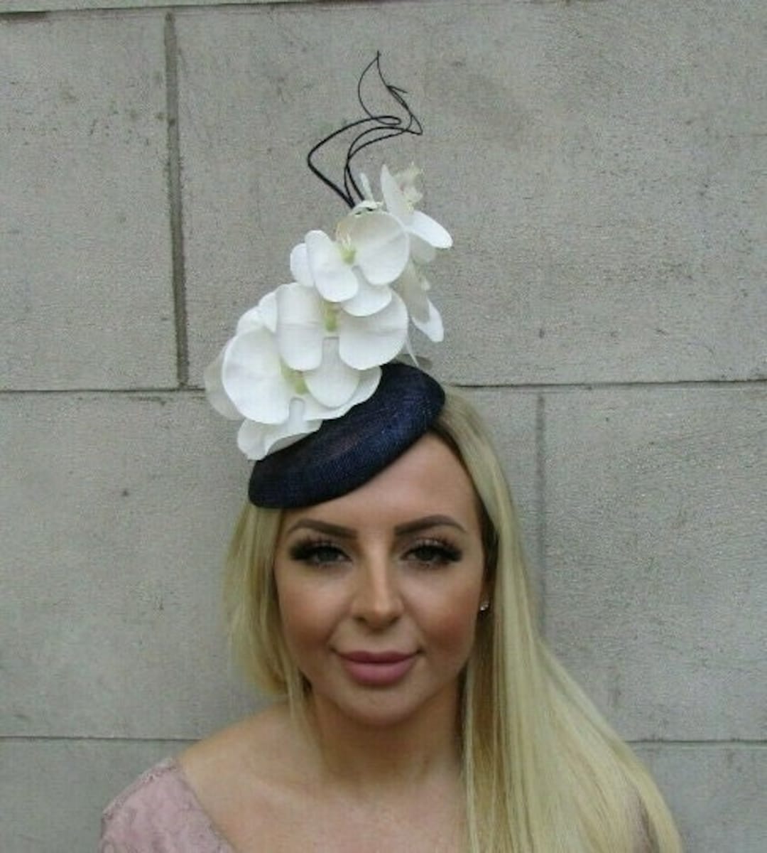 Navy Blue White Ivory Orchid Flower Feather Hat Fascinator
