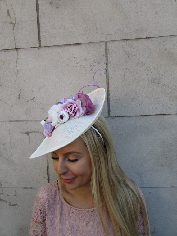 Large Cream Mauve Lilac Light Purple Flower Fascinator Hat Big