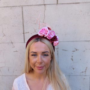 Burgundy & Light Pink Floral Feather Velvet Headband Fascinator Headpiece Wedding Races Padded Hairband Halo Rose Flower Blush u11605