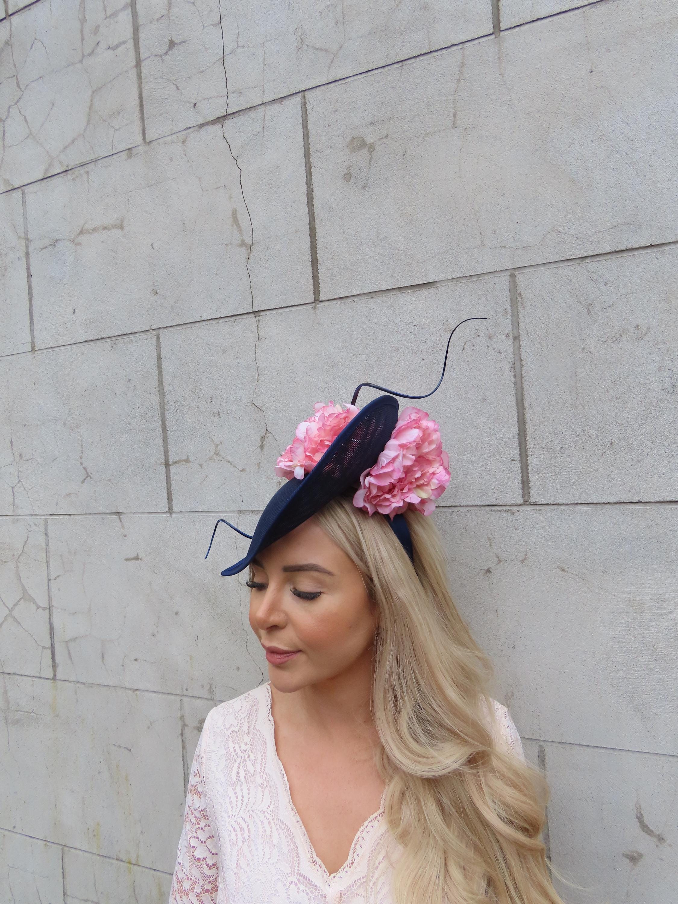 Large Navy Blue & Pink Flower Feather Fascinator Hat Big Teardrop ...
