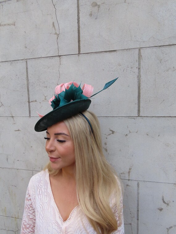 Bottle Green & Dusky Blush Pink Feather Flower Fascinator  display picture 2