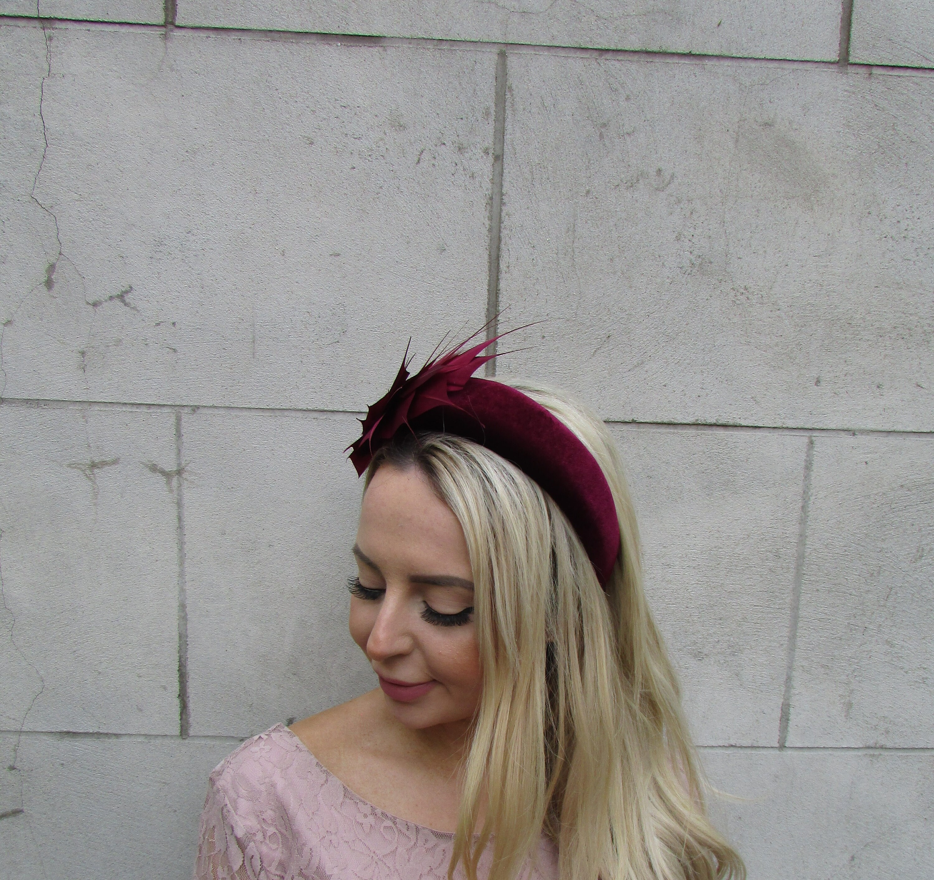 Burgundy Fascinator Headband Feather Dark Wine Red Velvet  display picture 1